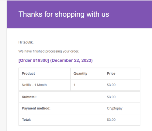 A payment page with the words thank you for shopping with us. Additionally, it includes a special offer for Netflix users to enjoy Netflix - 1 Month of free subscription.