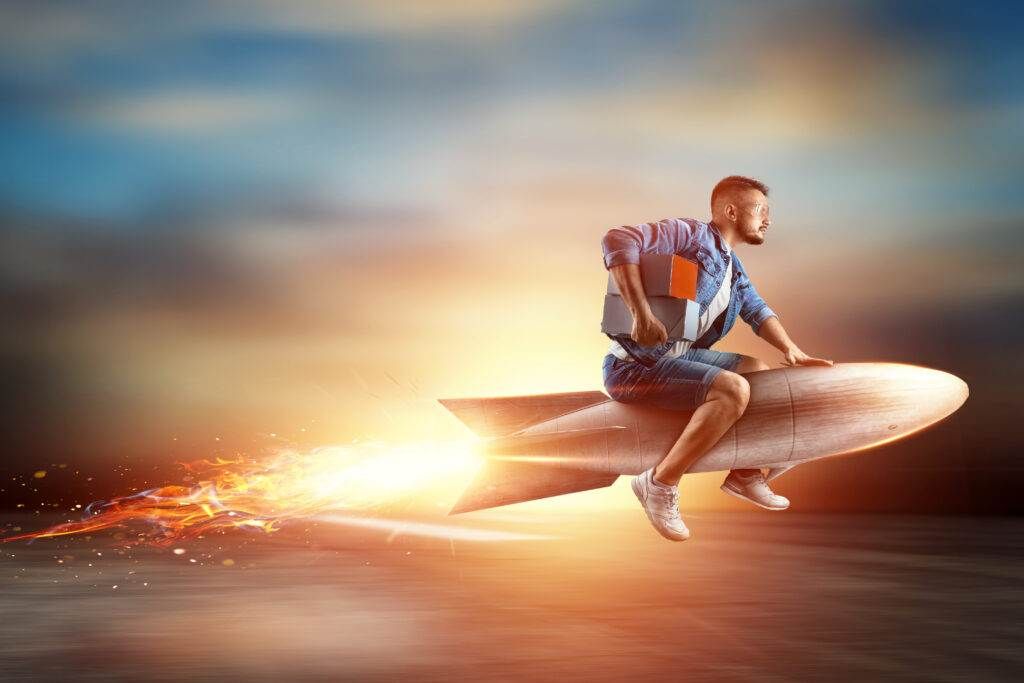 A young man is launching on a rocket in a video game.