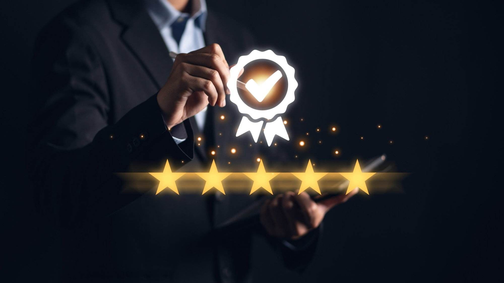 A businessman showcasing a five star rating on a pen in our 