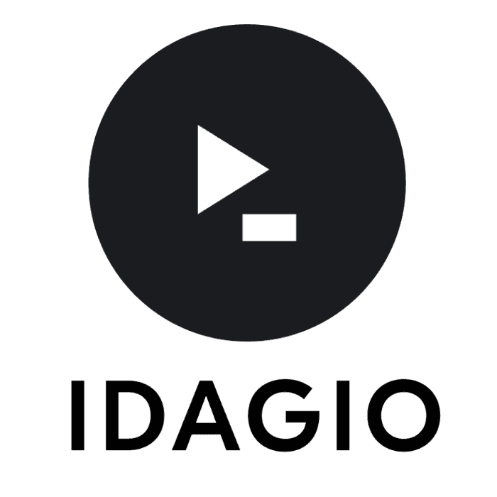 The image features the IDAGIO Premium Plus - 1 Month logo, with a white play button and a hyphen inside a solid black circle. Below this distinct emblem,