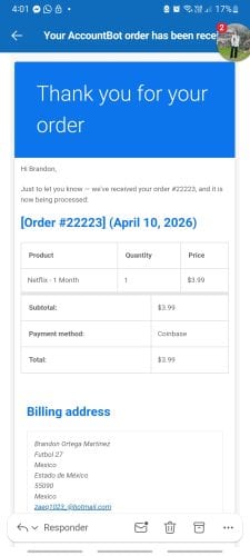 Screenshot of an email confirmation for order #22223, showing a Netflix subscription for $3.99, paid via Coinbase, addressed to Brandon Ortega Martínez in Mexico.