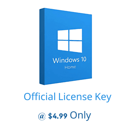 Blue box for Windows 10 Home with the text "Official License Key priced at just $4.99" below it.