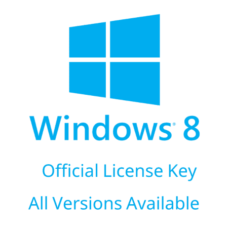 A blue logo featuring Windows 8 with the text: "Genuine Windows 8 License Key, Available for All Versions" in blue lettering.