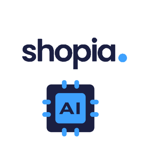 The logo displays the name "Shopia AI" in dark blue, enhanced by a light blue dot and a stylized microchip emblem with the initials "AI" appearing below.
