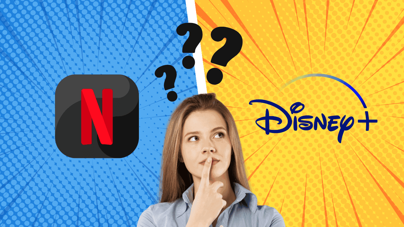 A thoughtful person stands between the logos of streaming giants Netflix and Disney+, with question marks above their head. The background features vibrant blue and orange comic-style patterns, capturing the lively competition in the world of entertainment.