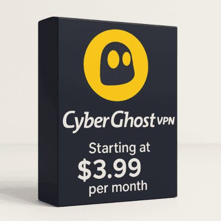 A CyberGhost VPN packaging features a yellow ghost logo and white "CyberGhost VPN Starting at $3.99/month" text on a dark backdrop.