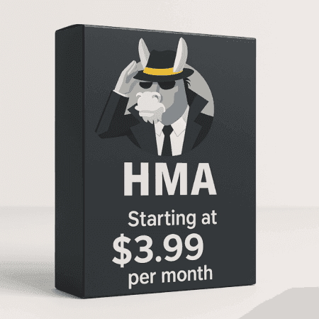 Cartoon donkey in a suit and hat saluting on the box. Text reads: "HMA VPN Pro Starting at $3.99 per month.