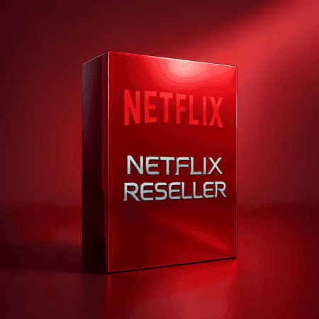 A red box labeled "Netflix Reseller" features prominently against a matching red background, effectively showcasing the Netflix Reseller product name.