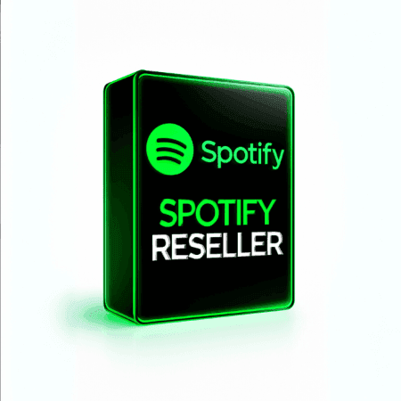 A black and green digital box features the Spotify Reseller logo and product name, "Spotify Reseller," on the front.