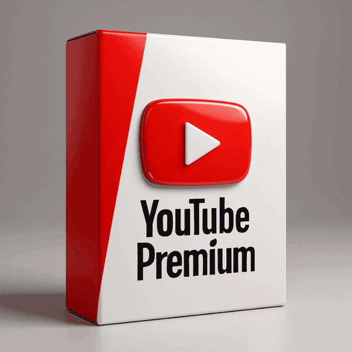 A box displaying the YouTube Premium Reseller logo on a white and red background, perfect for showcasing the YouTube Premium Reseller product.