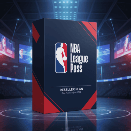 A box labeled "NBA League Pass Reseller" sits on a basketball court under bright arena lights, symbolizing exclusive reseller access to NBA content for basketball fans around the world.