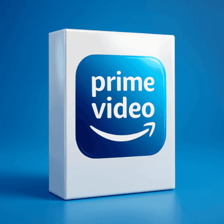 A white box featuring a large Prime Video Reseller logo sits on a blue background, ideal for any Prime Video Reseller display.