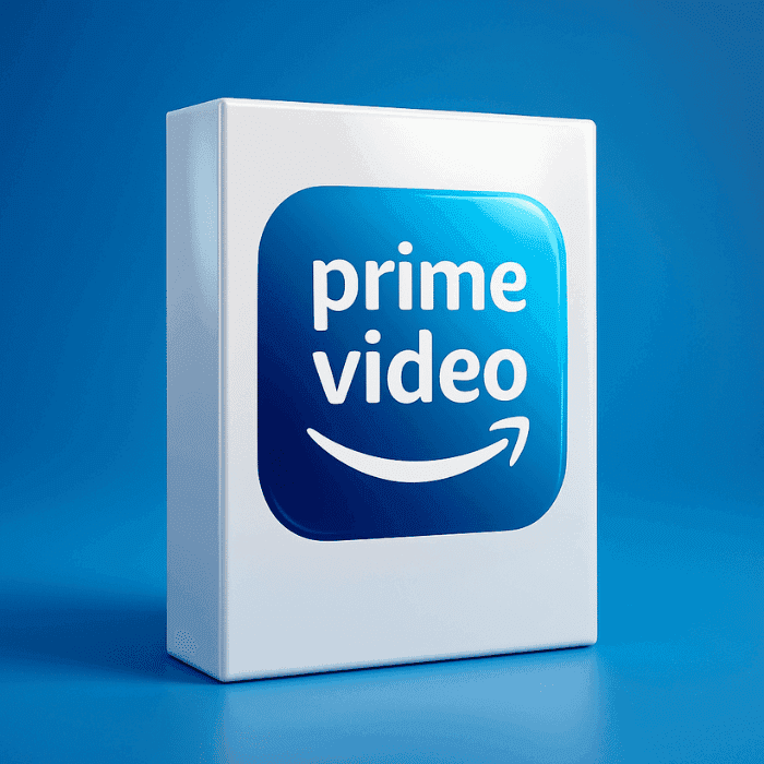A white box featuring a large Prime Video Reseller logo sits on a blue background, ideal for any Prime Video Reseller display.