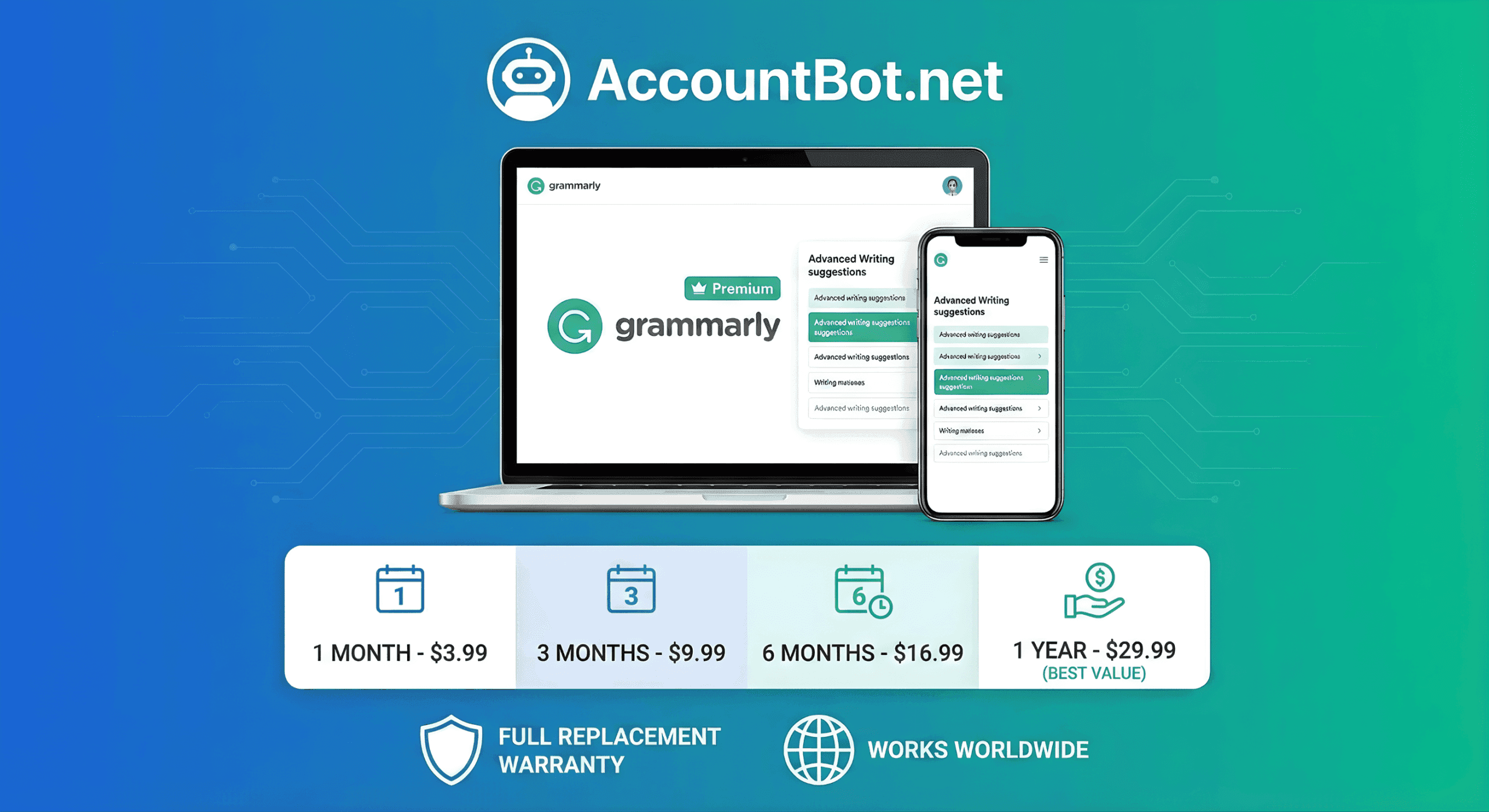 AccountBot.net ad displays Grammarly on a laptop and phone, highlights pricing plans, worldwide access, and a full replacement warranty.