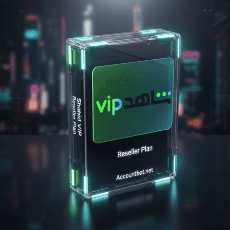 A digital display case features a "Shahid VIP Reseller" card and the website "Accountbot.net" set against a blurred, neon-lit city background, showcasing the exclusive Shahid VIP Reseller offering.