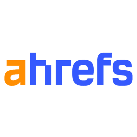 The Ahrefs logo displays the product name with an orange "a" and blue "hrefs" in a bold, modern font on a light background.