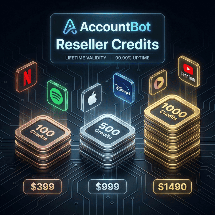 Stacks of digital Reseller Credit cards labeled 100, 500, and 1000 are shown with prices next to Netflix, Spotify, Apple, Disney+, and YouTube icons. The text says
