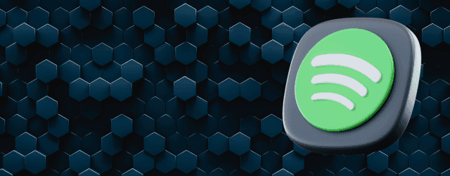A 3D Spotify logo icon appears on the right, set against a dark background with a pattern of hexagonal tiles.