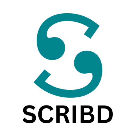 A teal stylized "S" logo appears above the word "Scribd" in bold black capital letters, all set against a light gray background.