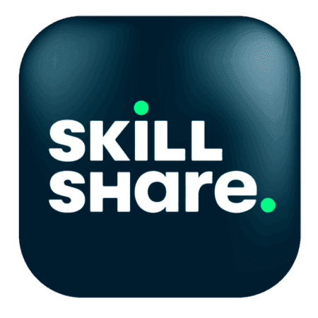 The Skillshare logo displays "SKILLSHARE" in bold white letters on a dark blue rounded square, with green dots above the "I" and after "SHARE".