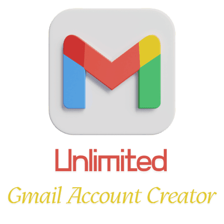 A stylized Gmail logo sits above "Unlimited Gmail Account Creator" in red and yellow on a white background, showcasing the Unlimited Gmail Account Creator tool.