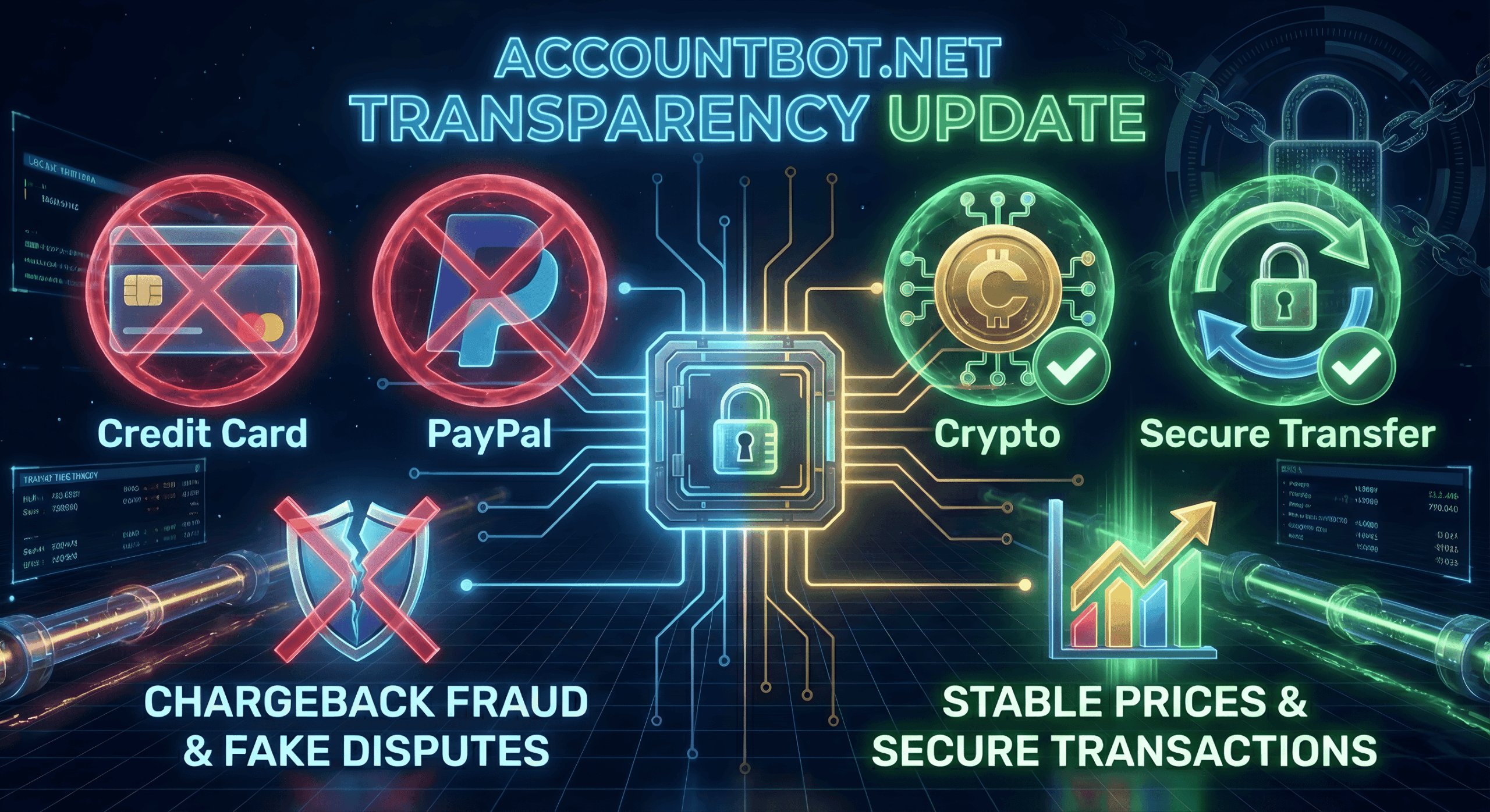 A digital graphic showing AccountBot.net’s update: credit cards, PayPal, and chargeback fraud are not supported payment methods; crypto and secure transfer are accepted, emphasizing stable prices and secure transactions.