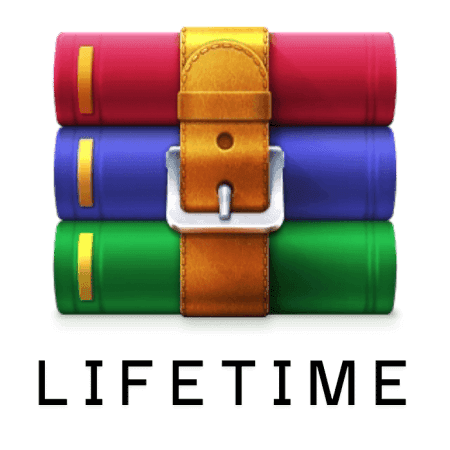 Three stacked books in red, blue, and green bound by a brown belt, with "WinRAR Lifetime" written below.