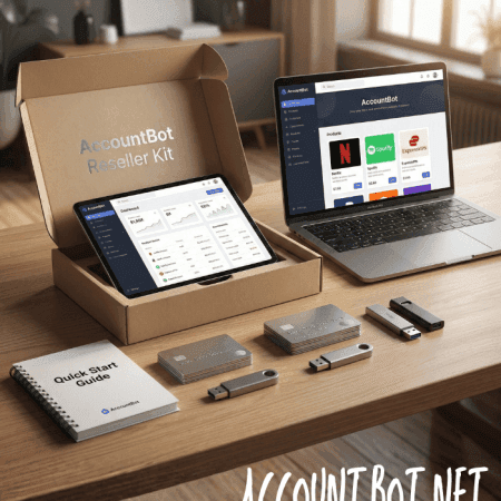 The Reseller Kit features a tablet, laptop, USB drives, cards, and a quick start guide—each branded with the AccountBot.net website—displayed on a table.