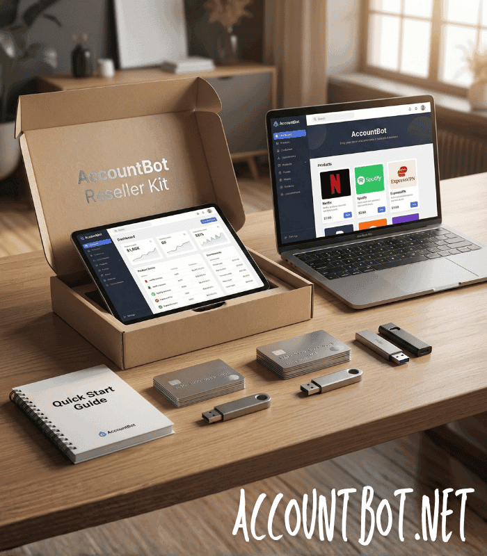 The Reseller Kit features a tablet, laptop, USB drives, cards, and a quick start guide—each branded with the AccountBot.net website—displayed on a table.