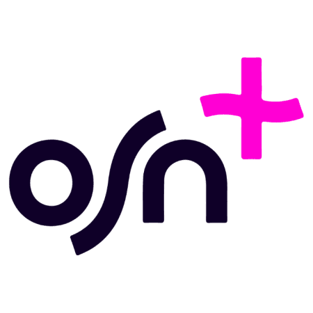The image displays the OSN+ logo, featuring "osn" in black lowercase letters with a prominent pink plus sign positioned at the upper right.