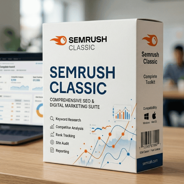 A Semrush Classic software box sits on a desk, emphasizing SEO features such as keyword research, competitor analysis, rank tracking, and site audit. In the background, a laptop displays analytics graphs.