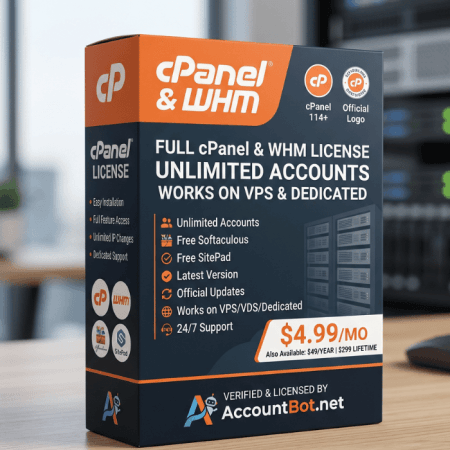 A cPanel software box showcasing unlimited accounts, free tools, and VPS compatibility for $4.99/month, set against a server room backdrop.